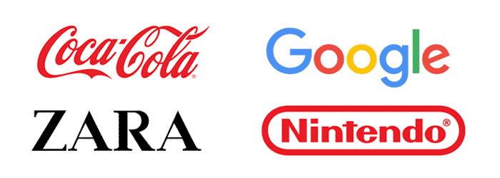 Imagen con ejemplos de logotipos. Logo de cocacola, google, zara y nintendo.