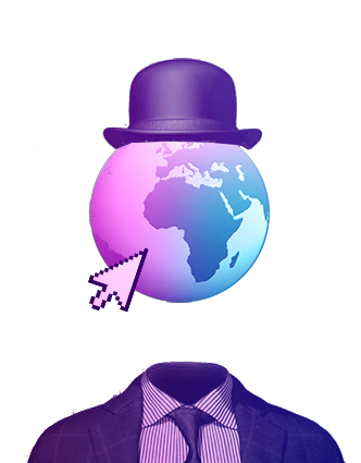 Imagen de persona trajeada con cabeza de globo del mundo con bombín y una flecha de pc señalando
