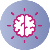 Icono de cerebro sobre fondo lila. Apartado de creatividad de secciones como quiénes somos