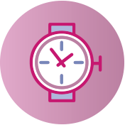 Icono de reloj sobre fondo rosa, indicativo de planificación y trabajo, sección de quiénes somos