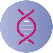 Icono de ADN en rosa y blanco frente a fondo lila