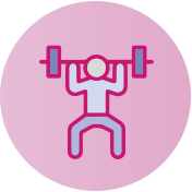 Icono rosa y lila sobre fondo rosa claro de persona haciendo pesas