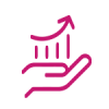 Icono rosa de una mano sosteniendo una flecha y una gráfica que crecen en positivo