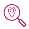 Icono rosa de una lupa con icono de ubicación en el centro