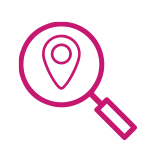 Icono rosa de una lupa con icono de ubicación en el centro